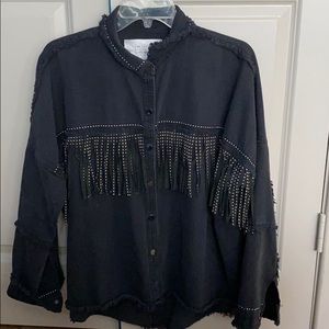 Fringe studded black denim jacket